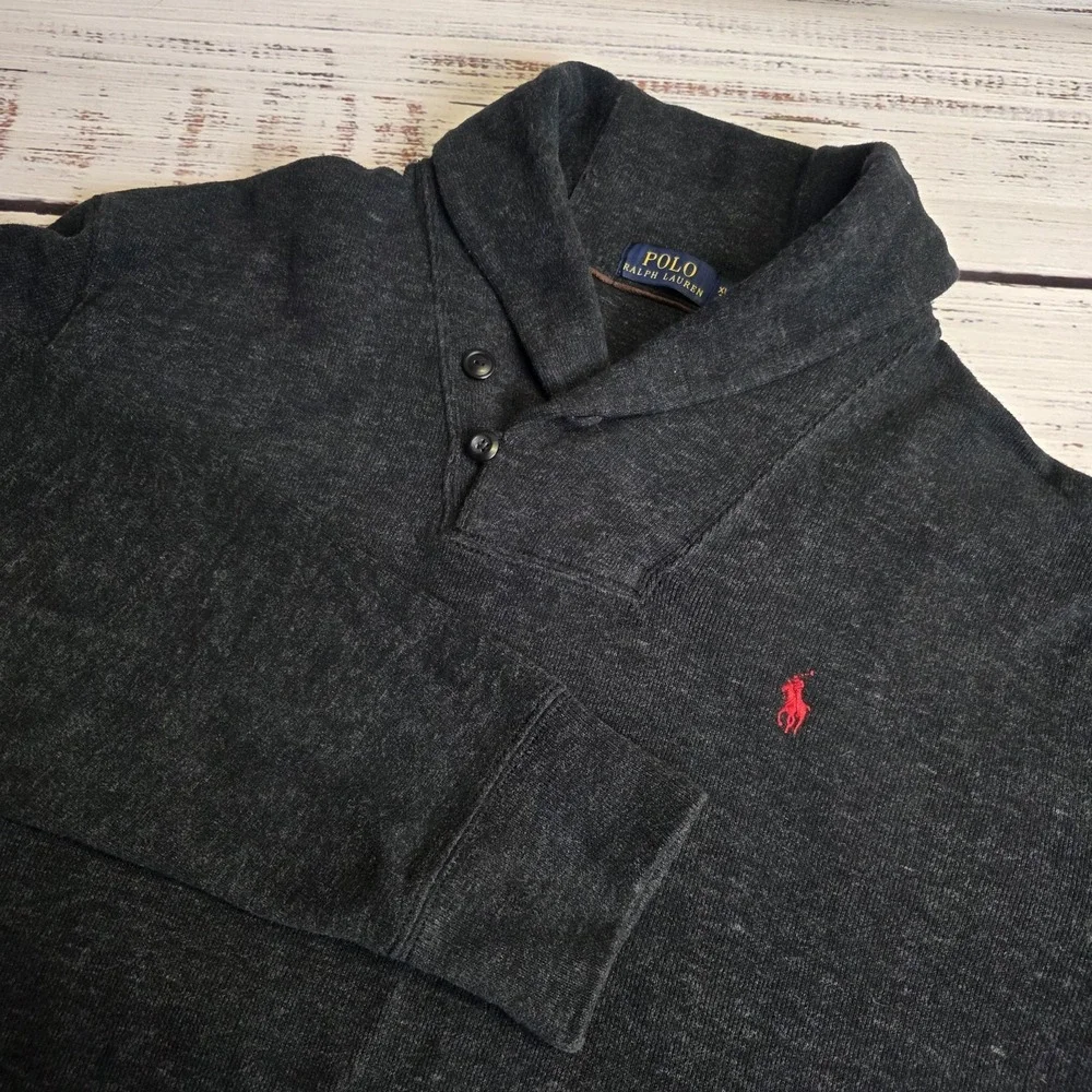 Polo Ralph Lauren Dark Gray Shawl Collar Pullover Sweater Mens‎ XL 100% Cotton